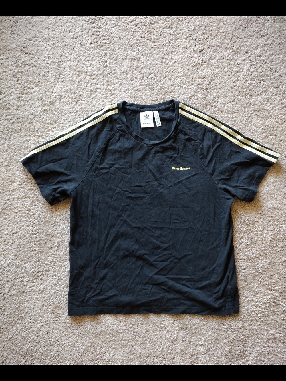 Adidas Wales Bonner Black Short Sleeve Tee with Gold Stripe Accents